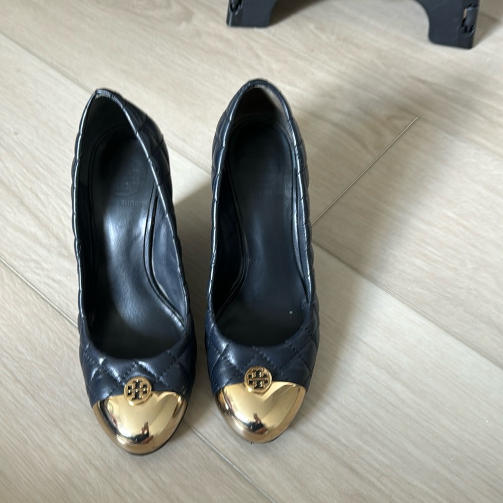 Tory Burch Wedge Heel Navy and Gold toe